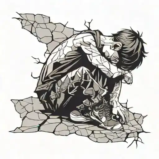 cracked silhouette of little boy sitting, depressed tattoo design idea