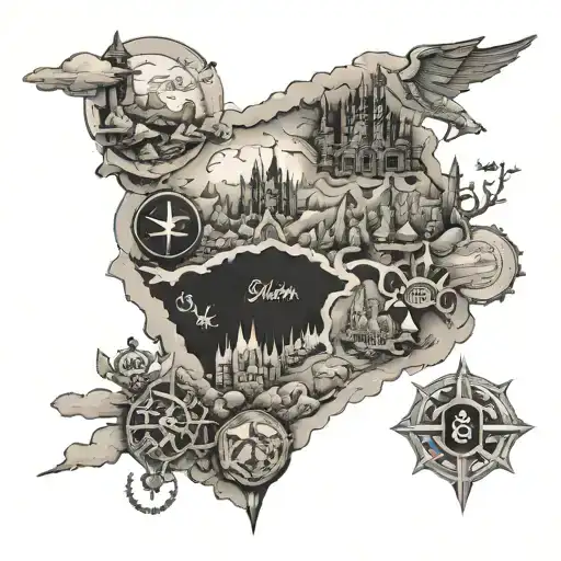 A detailed map tattoo of a fantasy world inspired by Zelda and Mario games, with hidden symbols and landmarks representing different historical eras tattoo design idea