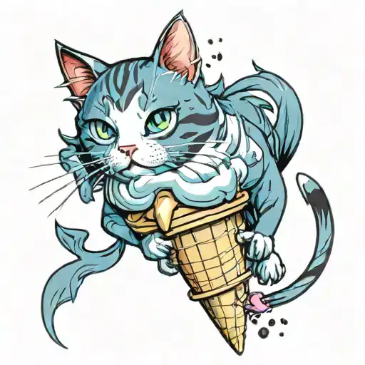 cat in ice cream tattoo design idea