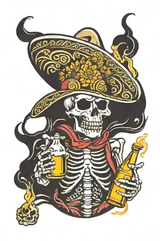 skeleton sombrero shooting beer bottle tattoo design idea