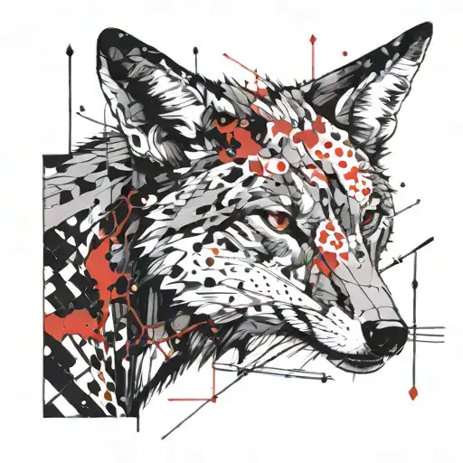 Combine symbols of either chaos or entropy and the coyote animal in black and white, dotted line structure tattoo design idea