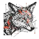 Combine symbols of either chaos or entropy and the coyote animal in black and white, dotted line structure tattoo design idea