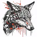 Combine symbols of either chaos or entropy and the coyote animal in black and white, dotted line structure tattoo design idea