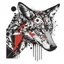 Combine symbols of either chaos or entropy and the coyote animal in black and white, dotted line structure tattoo design idea