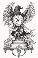 Raven standing on clock set at 10:05 am. An angel is protecting the raven and clock using its wings.  tattoo design idea