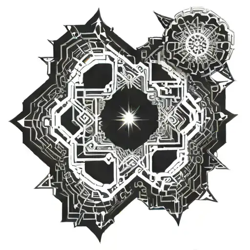 Generate a detailed, symmetrical, gothic-inspired white line art design on a black background. The design should feature tattoo design idea