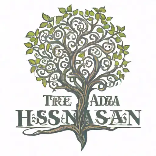 tree made of names (Hassan, Adiba, Malinda, Ali) tattoo design idea