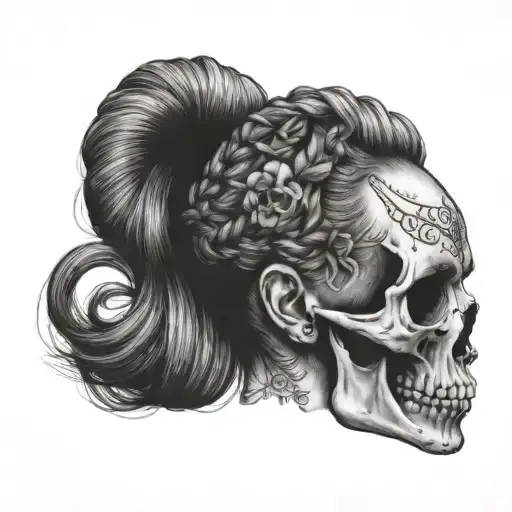 lady face, braided hair, dear skull on head tattoo design idea