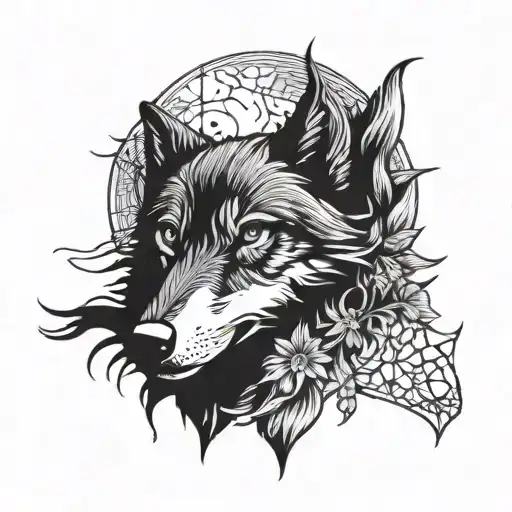 a wolf in jangle with moon and man tattoo design idea