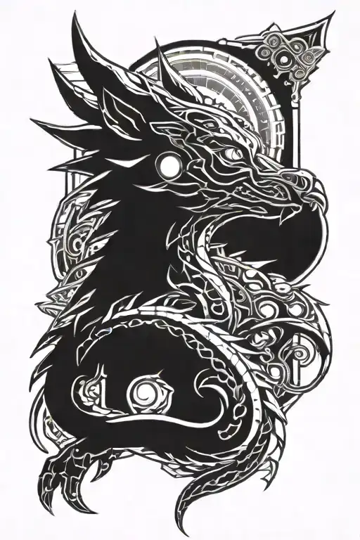 dragon wrapping and wolf howling at the moon tattoo design idea