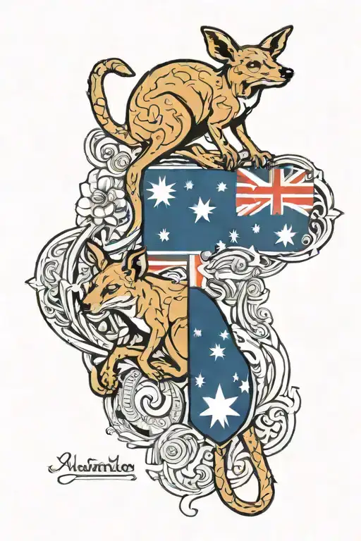 Australian flag with kangaroo and dingo whit sun tattoo design idea