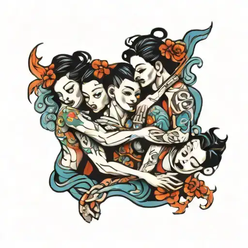 four people carrying each other tattoo design idea