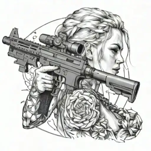 Combine elements of drawing and tattooing in a sketch-style tattoo of a woman with a gun and a scorpion tattoo on her back tattoo design idea