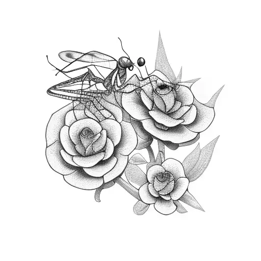 pray mantis and flowers tattoo design idea