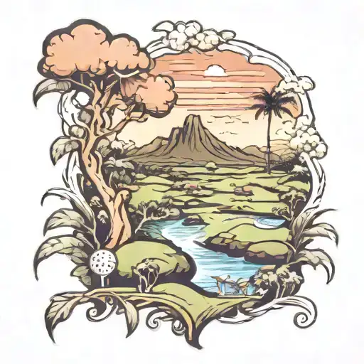 sleeve tattoo Guam golf course landscape tattoo design idea