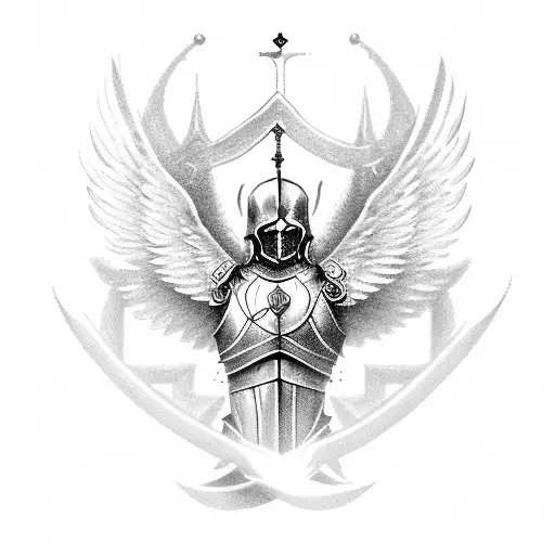 crusader warrior with wings standing over skulls tattoo design idea