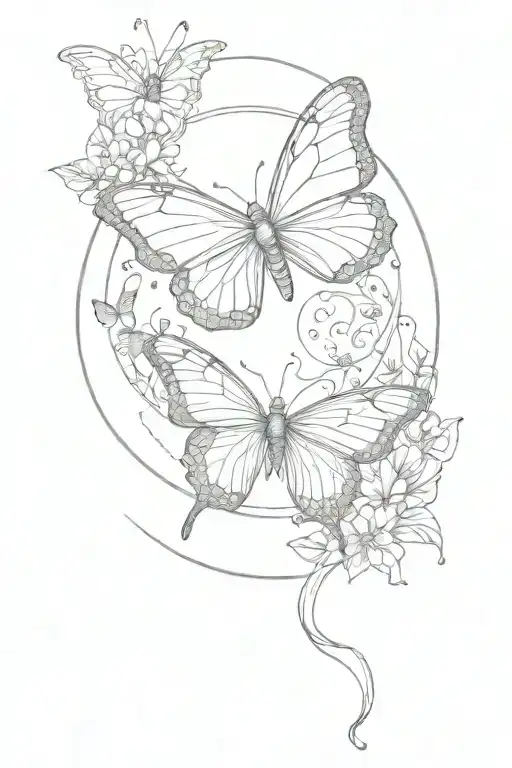 flying butterfly line art inside a 8 moon phase circle tattoo design idea