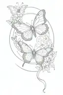 flying butterfly line art inside a 8 moon phase circle tattoo design idea