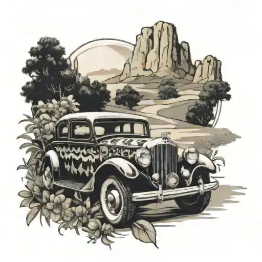 A black-grey tattoo of a vintage car driving through a lush outdoor landscape, with a subtle nod to the client's Guatemalan heritage through traditional patterns on the car tattoo design idea