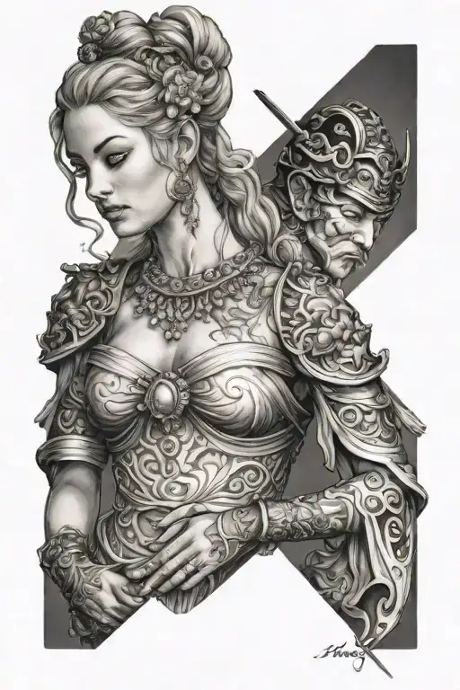 Goddess Aphrodite holding a samurai tattoo design idea