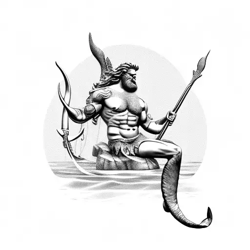 poseidon sitting with a mermaid on his legs and holding the trident tattoo design idea