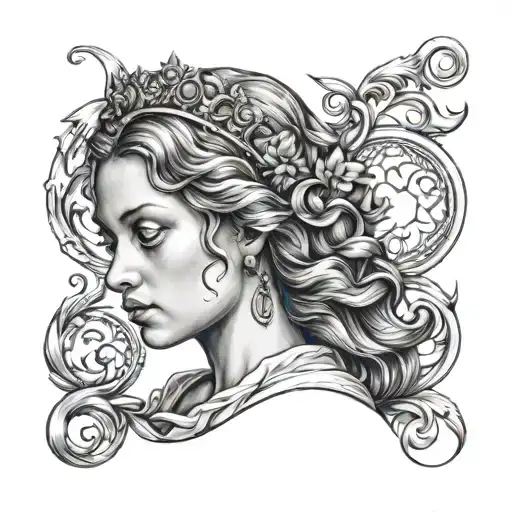 renaissance girl with flow around her head tattoo design idea