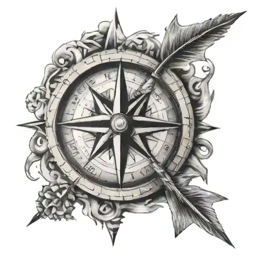 Compass wich directions are blurred, and arrow is pointing straight to remember mooving forward whatevee  tattoo design idea