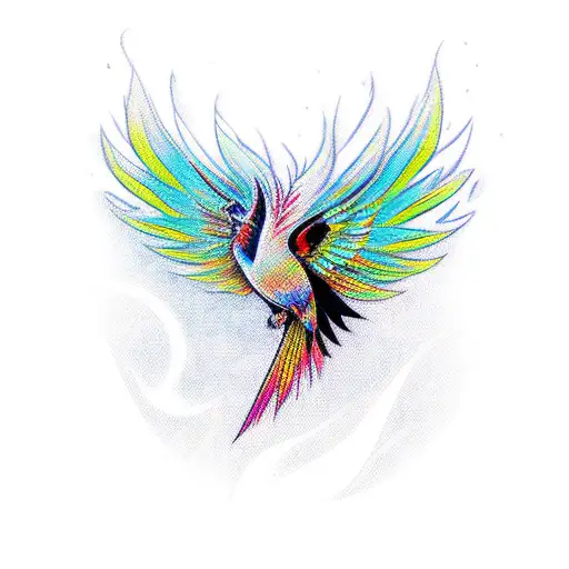 Firebird with a black outline with bright plumage along the edges of the feathers tattoo design idea
