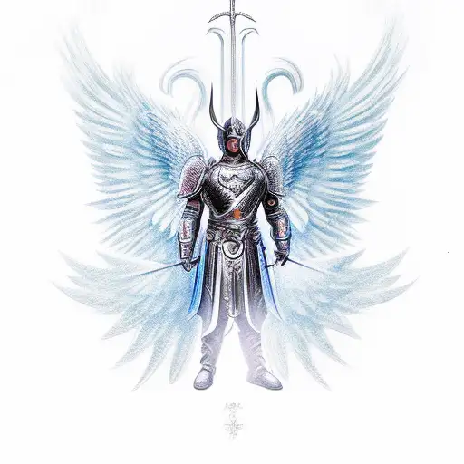 Archangel Chamuel as a majestic warrior with intricate armor and wings tattoo design idea