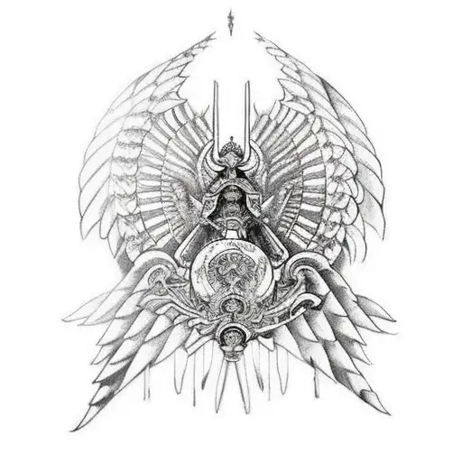 Archangel Chamuel as a majestic warrior with intricate armor and wings tattoo design idea