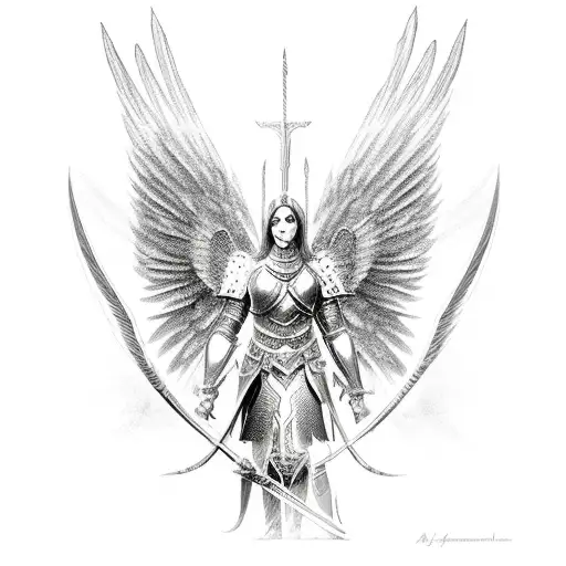 Archangel Chamuel as a majestic warrior with intricate armor and wings tattoo design idea