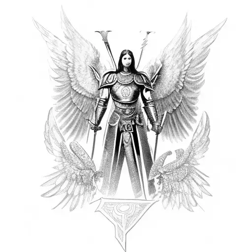 Archangel Chamuel as a majestic warrior with intricate armor and wings tattoo design idea