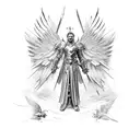 Archangel Chamuel as a majestic warrior with intricate armor and wings tattoo design idea