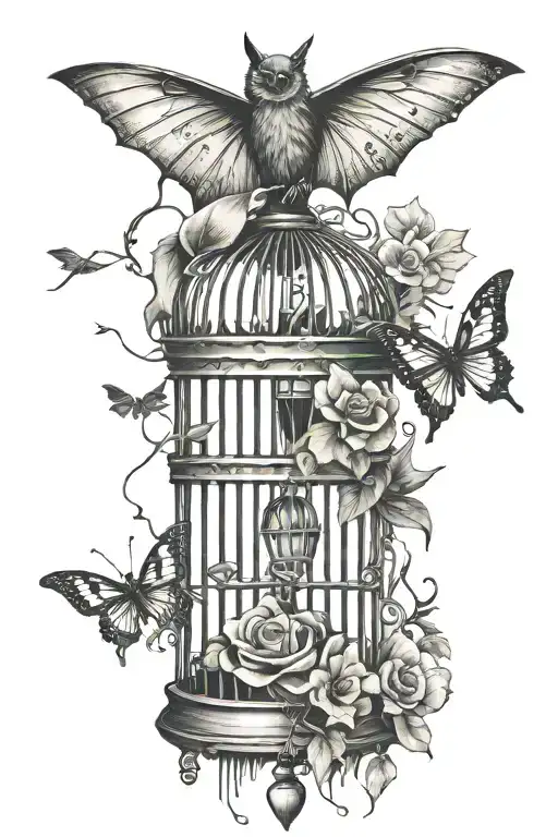 bat, broken bird cage, butterfly tattoo design idea