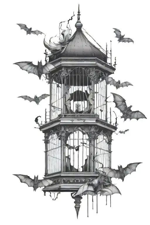 broken bird cage, bat on top of cage, other bats around, dark clouds tattoo design idea
