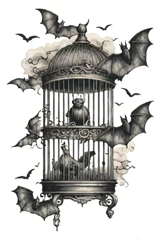 broken bird cage, bat on top of cage, other bats around, dark clouds tattoo design idea