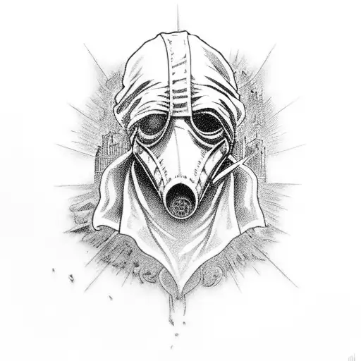plague doctor with city burning tattoo design idea
