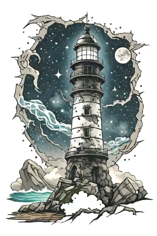 Crumbling lighthouse leading to a sea of stars and galaxies  tattoo design idea