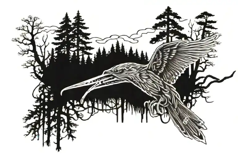 bird, Forest, smoke, guns tattoo design idea