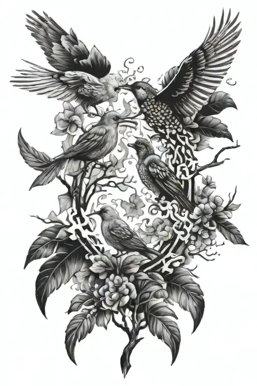birds in Forest with smoke billowing tattoo design idea