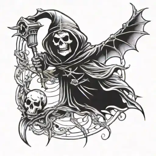 cute evil reaper with bats flying across tattoo design idea