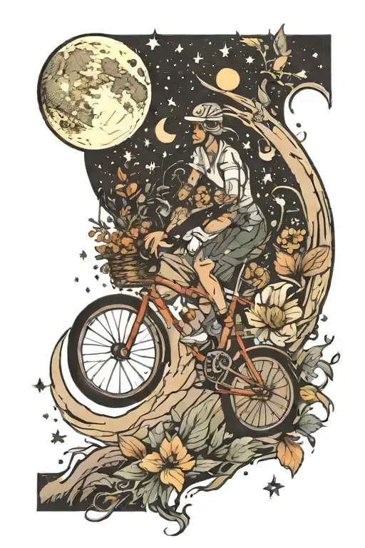 moon, stars, nature bicycle  tattoo design idea