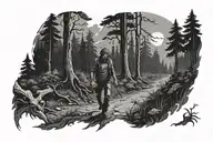 Zombie wandering in a dark forest landscape tattoo design idea