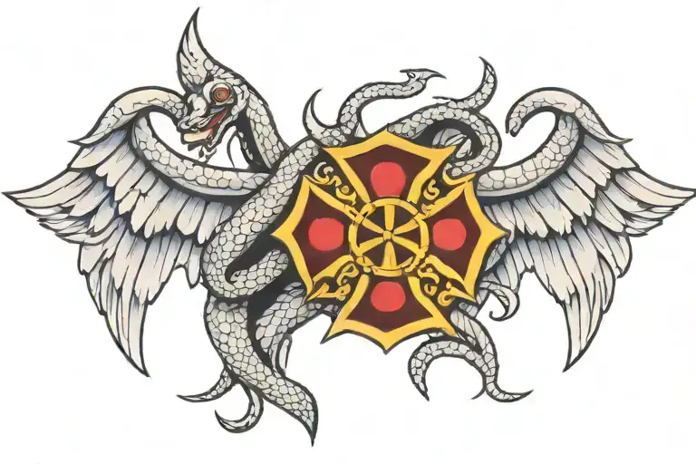 Maltese cross with wings and snake wrapped tattoo design idea