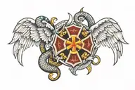 Maltese cross with wings and snake wrapped tattoo design idea