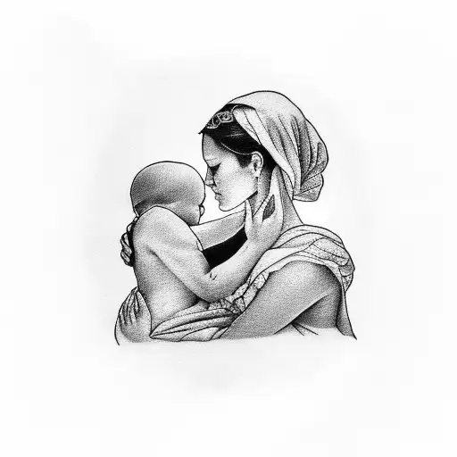 Design a black and white tattoo that features the silhouette of a mother embracing her child. Inside the embrace, includ tattoo design idea