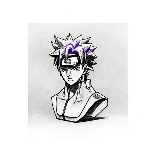 bust of the character Pain from the anime Naruto, in black and purple tattoo design idea