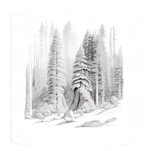 Redwood Forest with a legendary pokemon in the middle, barely visible hidden in the trees tattoo design idea