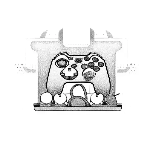 A gaming controller merged with a keyboard, surrounded by dogs playing tattoo design idea