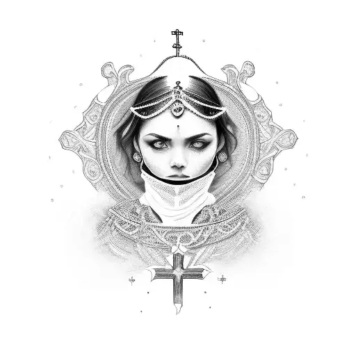 A black and grey portrait of the girl with religious symbols incorporated into the background tattoo design idea